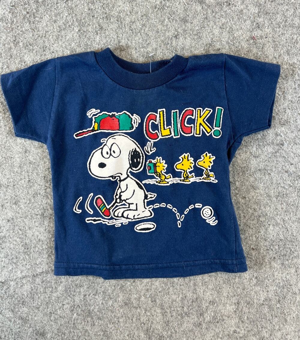 VINTAGE 70s Snoopy Peanuts Click Shirt Infant Baby 12mos Blue Graphic Tee 80s